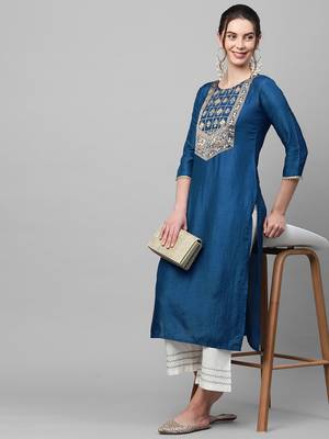 Indo Era Blue Solid Straight Kurta 5