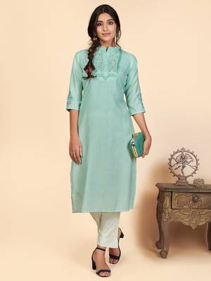 Vbuyz Women's Printed & Embroidered Straight Cotton Turquoise Stitched Kurta 2