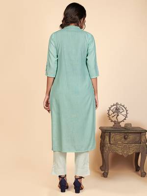 Vbuyz Women's Printed & Embroidered Straight Cotton Turquoise Stitched Kurta 3