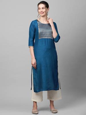 Indo Era Blue Solid Straight Kurta 1