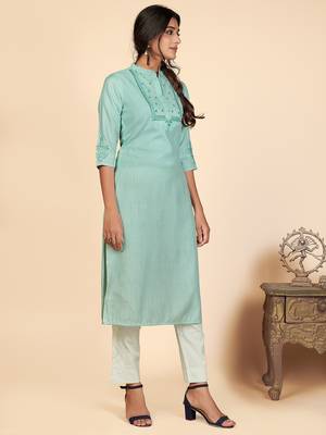 Vbuyz Women's Printed & Embroidered Straight Cotton Turquoise Stitched Kurta 4