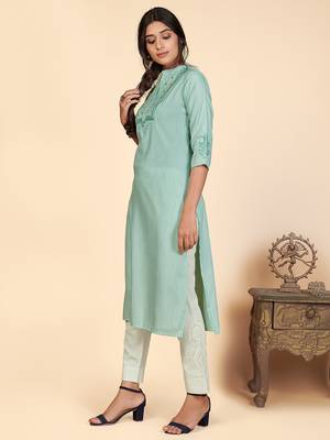 Vbuyz Women's Printed & Embroidered Straight Cotton Turquoise Stitched Kurta 5
