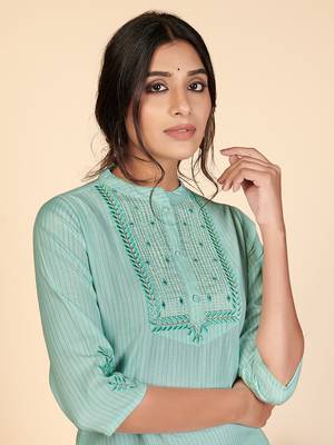 Vbuyz Women's Printed & Embroidered Straight Cotton Turquoise Stitched Kurta 6