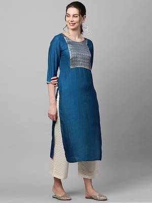 Indo Era Blue Solid Straight Kurta 3