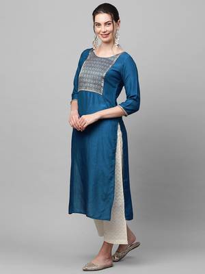 Indo Era Blue Solid Straight Kurta 4