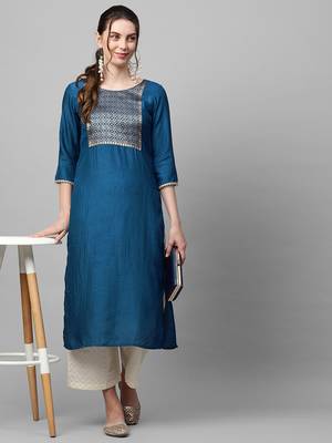 Indo Era Blue Solid Straight Kurta 5