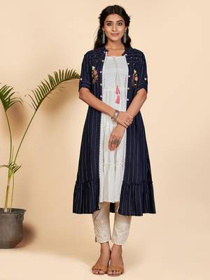 Vbuyz Women's Embroidered Flare Rayon Blue Stitched Kurta With Shrug 1