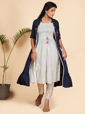 Vbuyz Women's Embroidered Flare Rayon Blue Stitched Kurta With Shrug 2