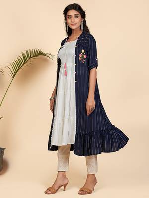 Vbuyz Women's Embroidered Flare Rayon Blue Stitched Kurta With Shrug 6