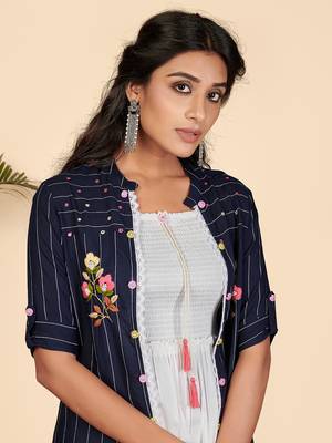 Vbuyz Women's Embroidered Flare Rayon Blue Stitched Kurta With Shrug 8