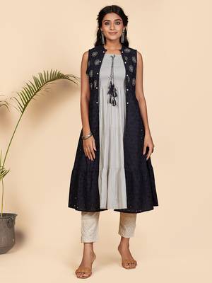 Vbuyz Women's Embellished Flare Rayon Blue Stitched Kurta With Shrug 1