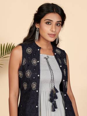 Vbuyz Women's Embellished Flare Rayon Blue Stitched Kurta With Shrug 8