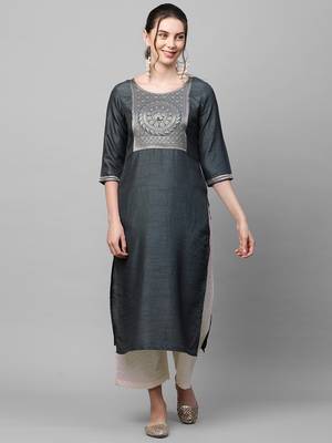 Indo Era Grey Solid Straight Kurta 1