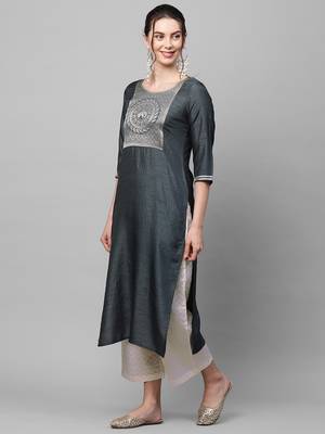 Indo Era Grey Solid Straight Kurta 4