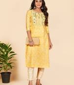 Vbuyz Women's Printed & Embroidered Straight Cotton Yellow Stitched Kurta