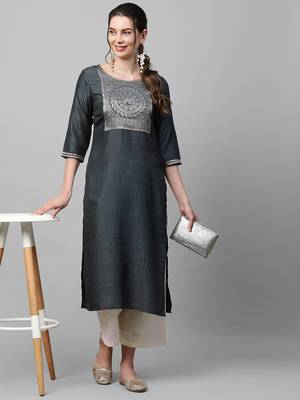 Indo Era Grey Solid Straight Kurta 5
