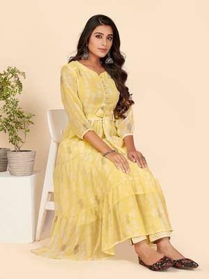 Vbuyz Women's Printed Anarkali Lurex Georgette Yellow Stitched Kurta 1
