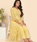 Vbuyz Women's Printed Anarkali Lurex Georgette Yellow Stitched Kurta