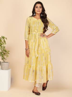 Vbuyz Women's Printed Anarkali Lurex Georgette Yellow Stitched Kurta 2