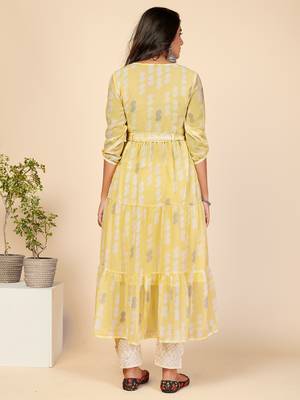 Vbuyz Women's Printed Anarkali Lurex Georgette Yellow Stitched Kurta 3