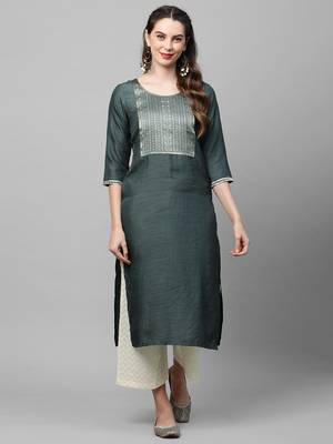 Indo Era Grey Solid Straight Kurta 1