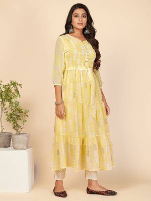Vbuyz Women's Printed Anarkali Lurex Georgette Yellow Stitched Kurta 4