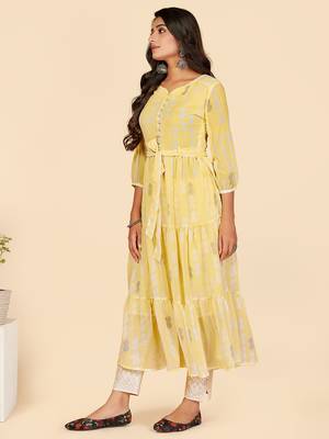 Vbuyz Women's Printed Anarkali Lurex Georgette Yellow Stitched Kurta 5