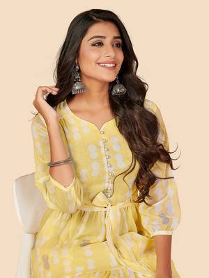 Vbuyz Women's Printed Anarkali Lurex Georgette Yellow Stitched Kurta 6