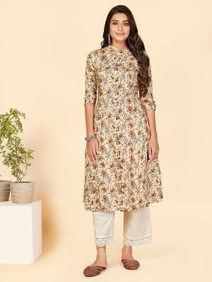 Vbuyz Women's Printed A Line Rayon Brown Stitched Kurta With Multiple Slit 1