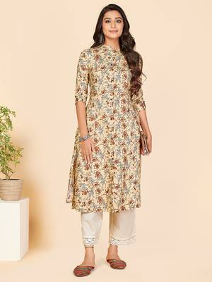 Vbuyz Women's Printed A Line Rayon Brown Stitched Kurta With Multiple Slit 2