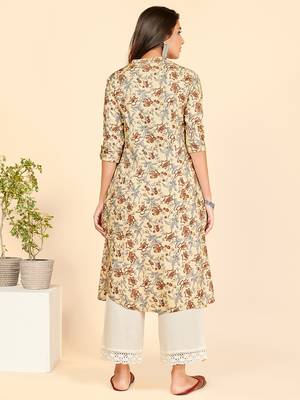 Vbuyz Women's Printed A Line Rayon Brown Stitched Kurta With Multiple Slit 3