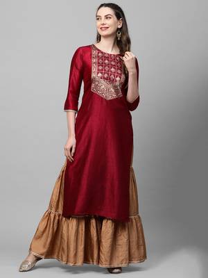 Indo Era Maroon Solid  Straight Kurta 1