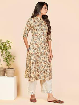 Vbuyz Women's Printed A Line Rayon Brown Stitched Kurta With Multiple Slit 4