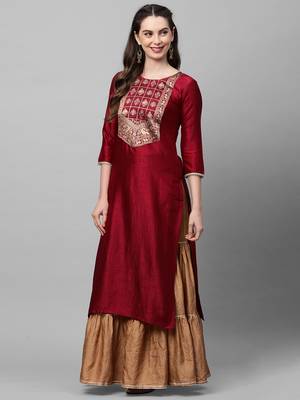 Indo Era Maroon Solid  Straight Kurta 4