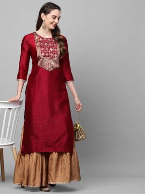 Indo Era Maroon Solid  Straight Kurta 5