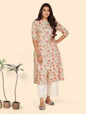 Vbuyz Women's Printed A Line Rayon Red Stitched Kurta With Multiple Slit 1