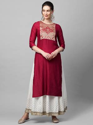 Indo Era Maroon Solid Straight Kurta 1