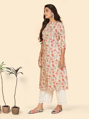 Vbuyz Women's Printed A Line Rayon Red Stitched Kurta With Multiple Slit 4