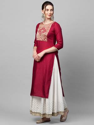 Indo Era Maroon Solid Straight Kurta 4