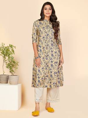 Vbuyz Women's Printed A Line Rayon Blue Stitched Kurta With Multiple Slit 1