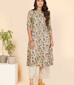 Vbuyz Women's Printed A Line Rayon Blue Stitched Kurta With Multiple Slit