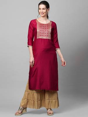 Indo Era Maroon Solid Straight Kurta 1