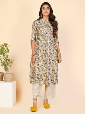 Vbuyz Women's Printed A Line Rayon Blue Stitched Kurta With Multiple Slit 2
