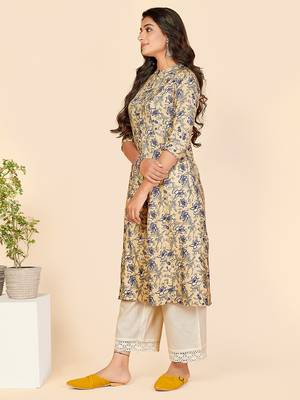 Vbuyz Women's Printed A Line Rayon Blue Stitched Kurta With Multiple Slit 4