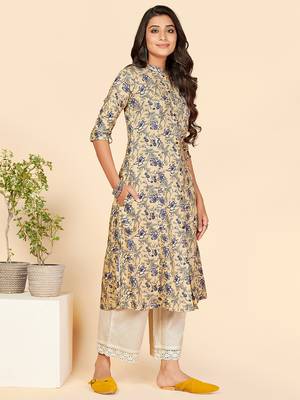 Vbuyz Women's Printed A Line Rayon Blue Stitched Kurta With Multiple Slit 5