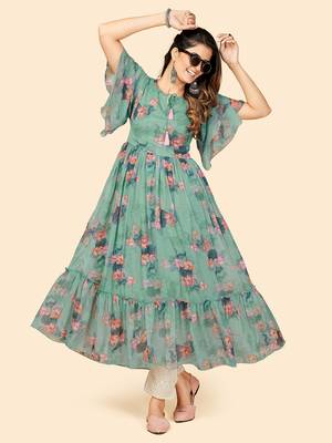 Vbuyz Women's Printed Anarkali Chiffon Aqua Green Stitched Kurta 1