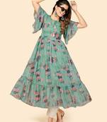 Vbuyz Women's Printed Anarkali Chiffon Aqua Green Stitched Kurta
