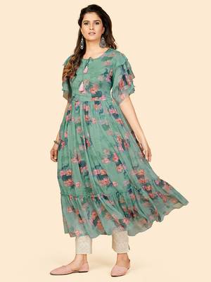 Vbuyz Women's Printed Anarkali Chiffon Aqua Green Stitched Kurta 2