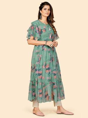 Vbuyz Women's Printed Anarkali Chiffon Aqua Green Stitched Kurta 3