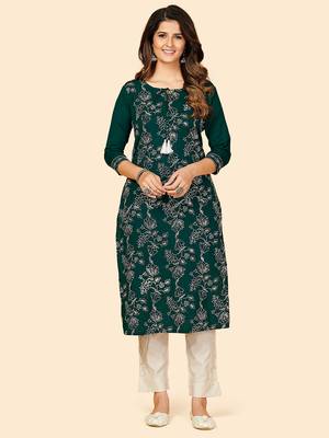 Vbuyz Women's Embroidered & Sequience Work Straight Cotton Dark Green Stitched Kurta 1